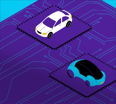 Illustration of cars and computer chips.