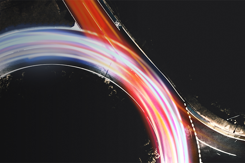 Long exposure photography of moving lights.