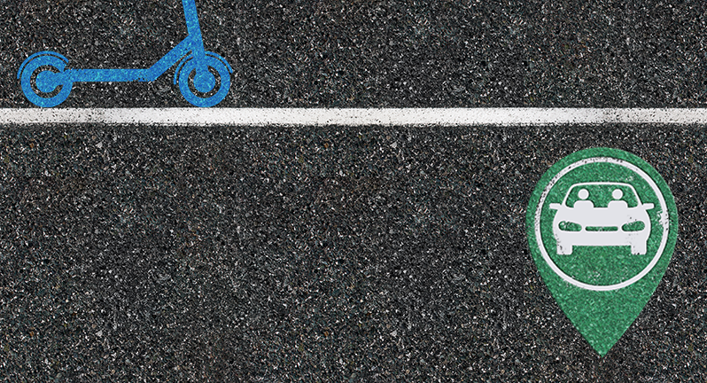 Photography of a scooter and a car painted on a road. 